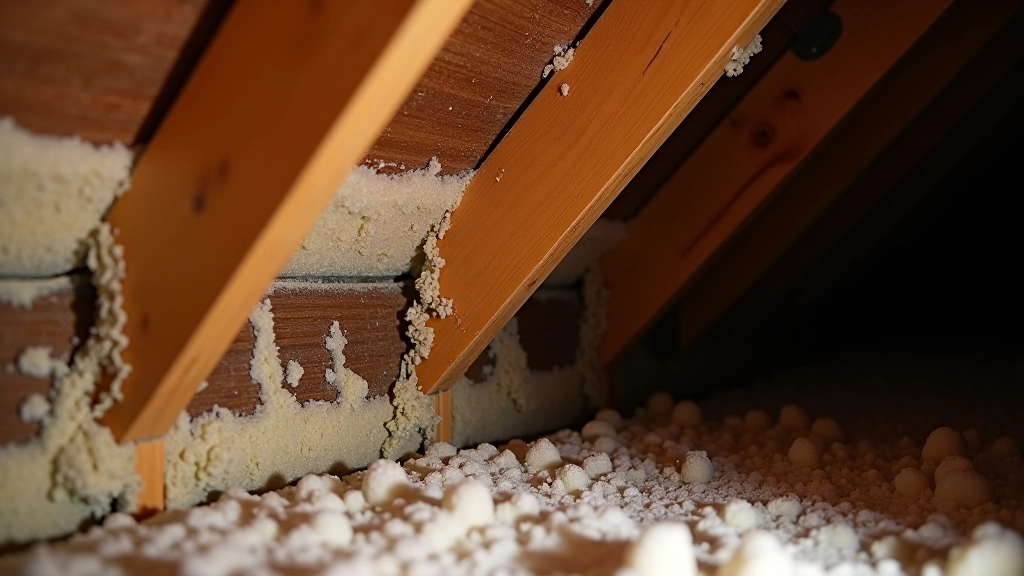 Dark attic corner showing water staining and discolored insulation, moisture damage visible on wood framing