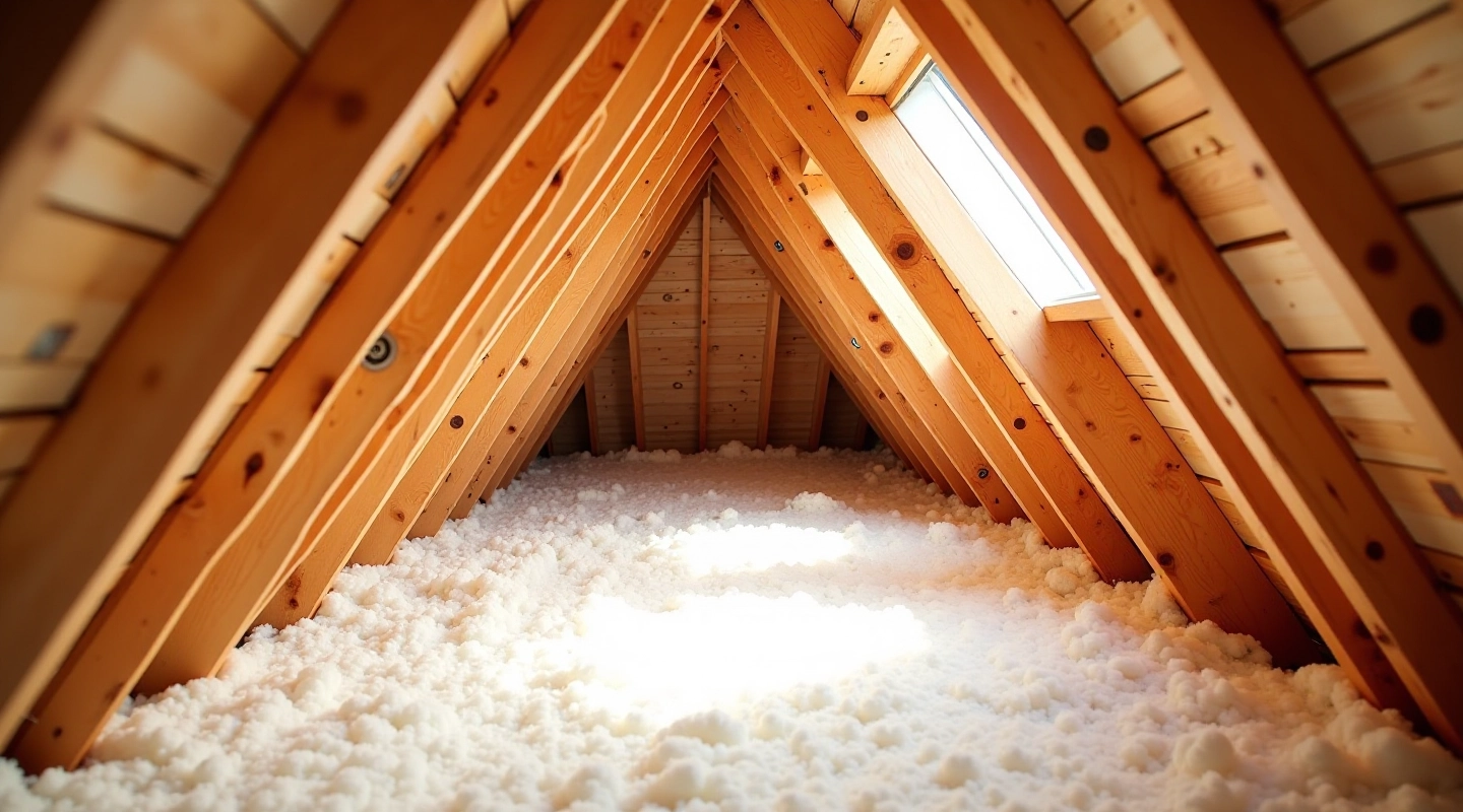 Attic space with wooden beams and insulation materials visible from inside the roof structure