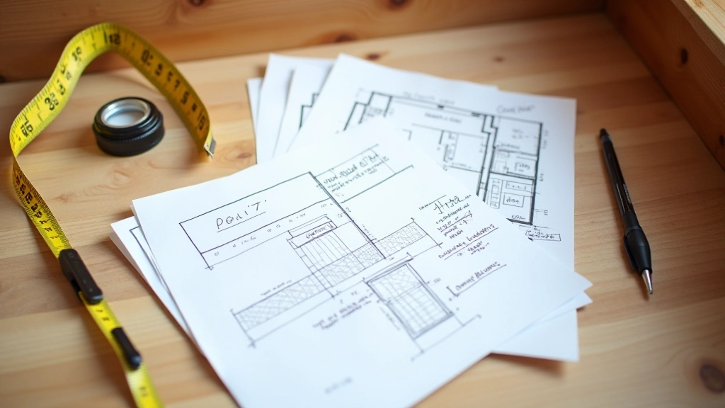 Notebook with attic sketch, measurements written down, measuring tape and pen on wooden surface