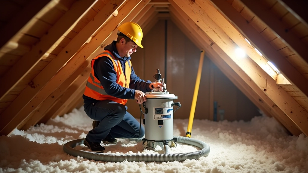 Professional installer setting up blown insulation equipment with hoses and blower machine in residential attic