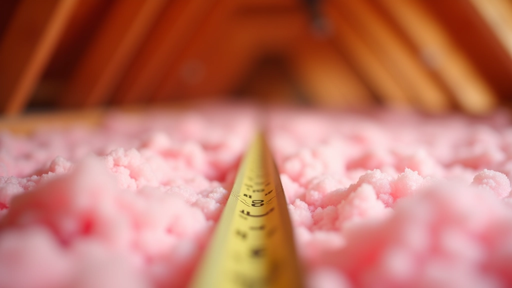 Measuring tape extended over insulation batts, showing depth measurement against ruler, attic framing visible
