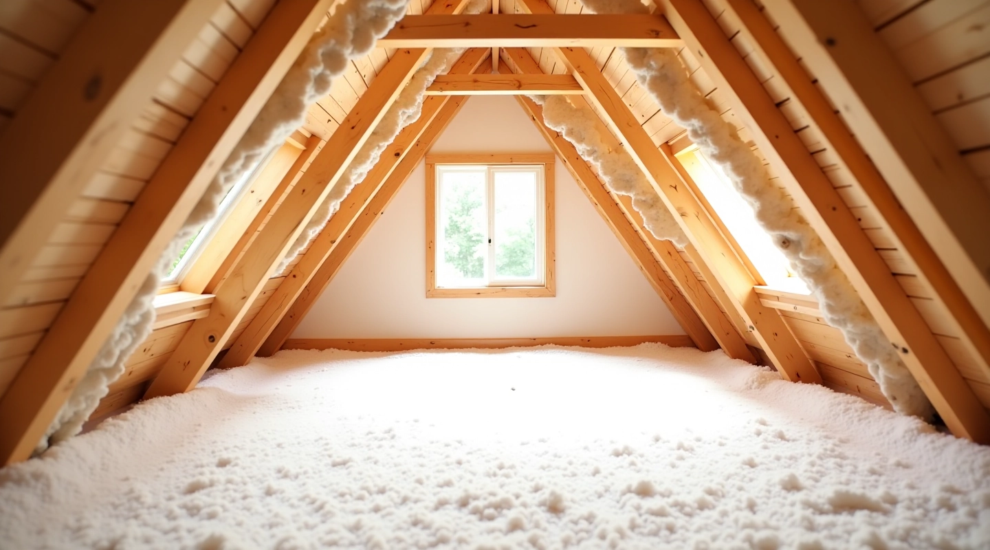Modern attic space with fresh insulation installation showing wooden beams and ventilation