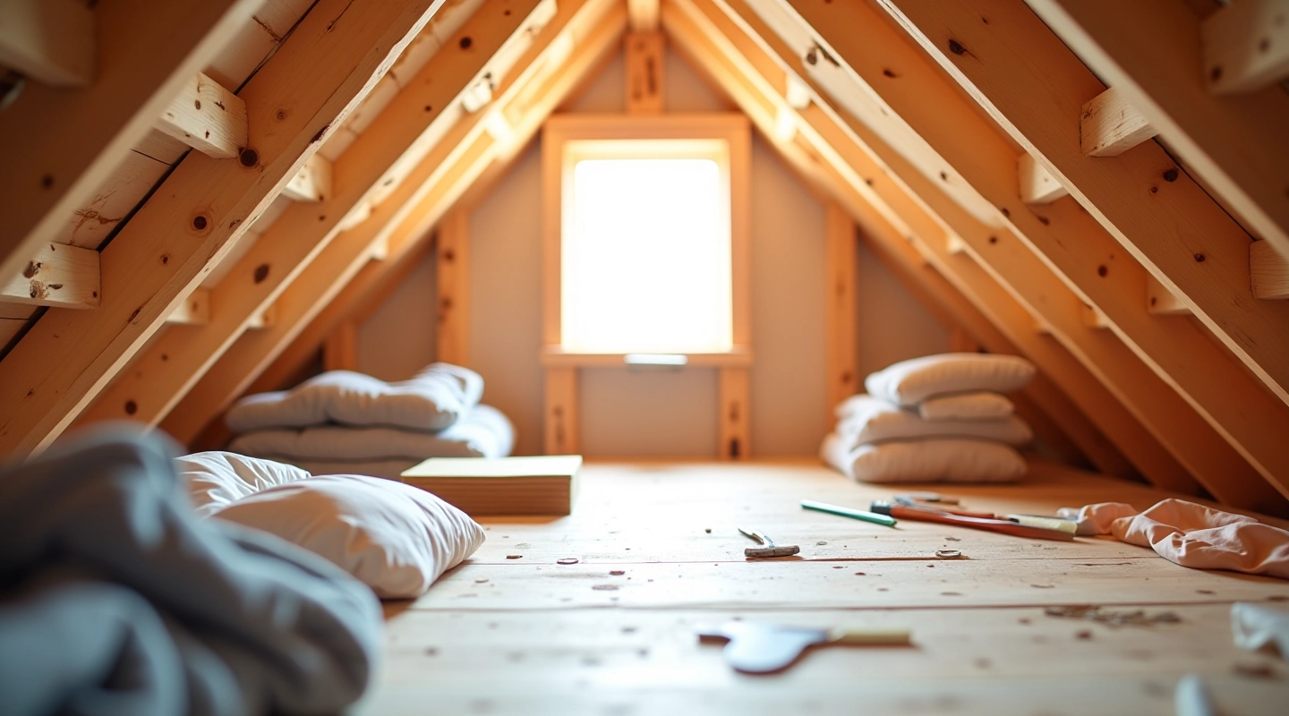 Attic insulation retrofit workspace with materials and tools