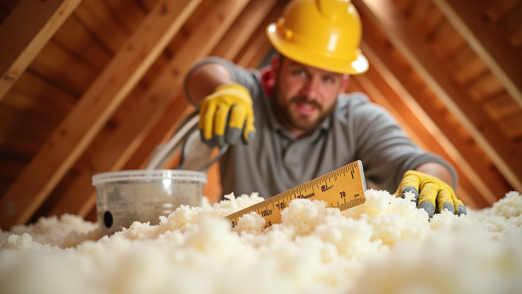 Homeowner checking existing attic insulation levels with measurement tool
