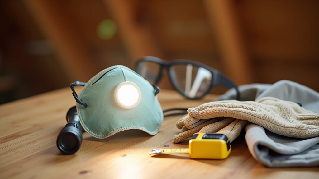 Safety equipment laid out including respirator, gloves, flashlight, and measuring tape on wooden surface
